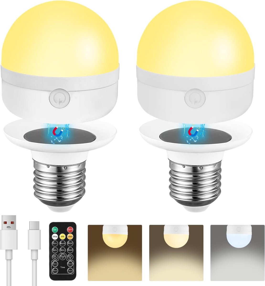 2 stuks USB oplaadbare gloeilamp met afstandsbediening, E27 3 kleuren dimbare LED gloeilamp met batterij, knopbediening Dimbare LED accu gloeilamp met timingfunctie, magneetvoet