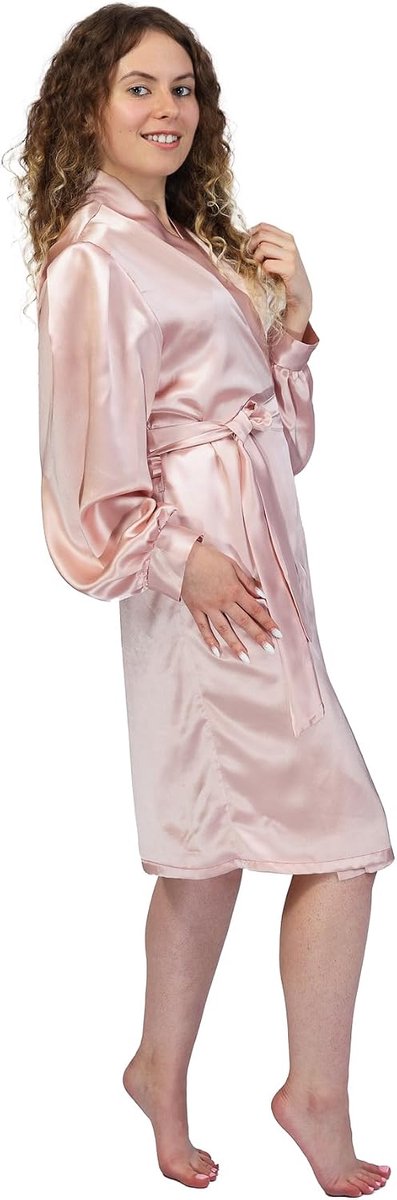 Silk Robe 19 momme, Knielengte, Lange mouw met riem, Blush Pink. 19 momme — afbeelding 3