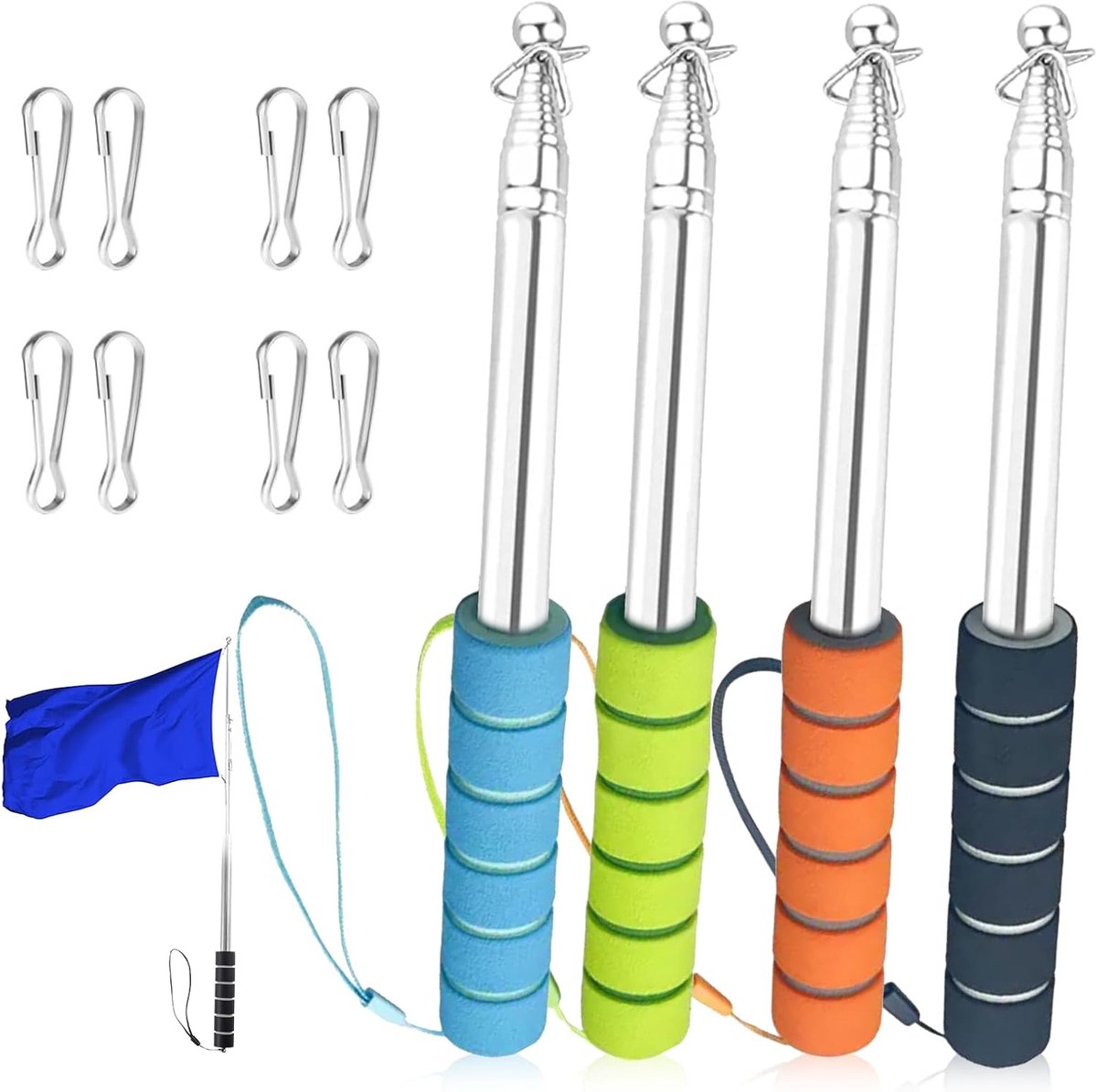 4 Stuks Telescopische Vlaggenstang, 1.6m Vlaggenstang Uitschuifbare Set Roestvrijstalen Vlaggenmast met 8 Vlaggenmast Clip voor Vlag, Reizen, Camping, Wedstrijden, Reisleiders, Leraren