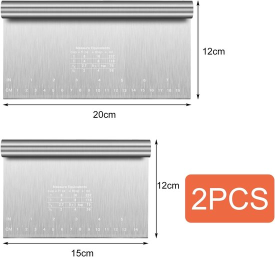 2 stuks roestvrijstalen deegsnijder groot en medium met meetschaal, deegspatel schraper keuken als bak- en kookhulp voor cake, cake, pizza, taart, deeg — afbeelding 4