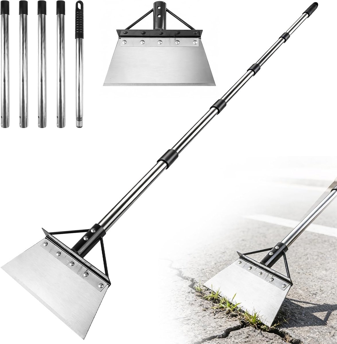 Reinigingsschep met steel, 200 cm, mangaanstaal, tuinschep, onkruidverwijderaar, apparaat voor wieden, reinigen, planten, bemesten, sneeuwscheppen