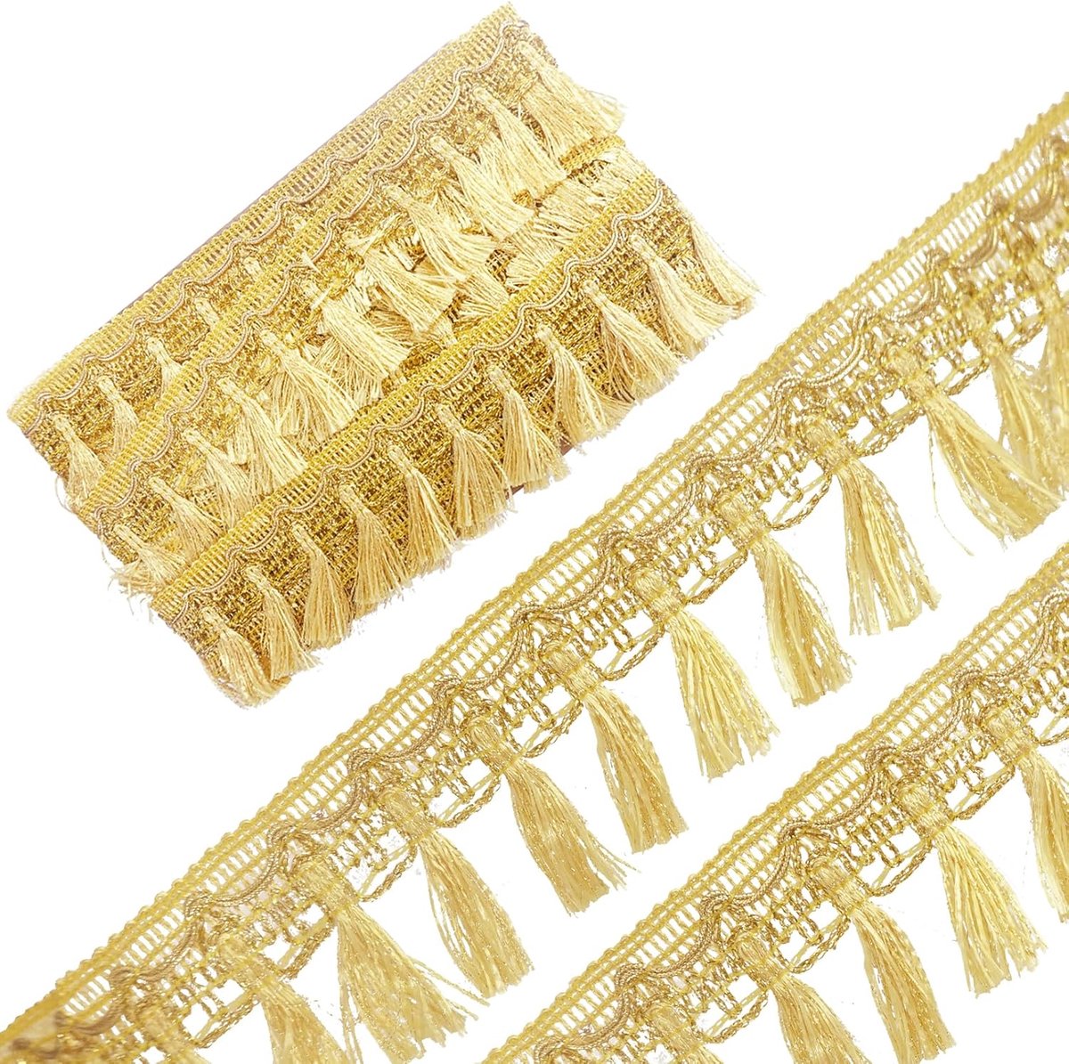 6 stuks gouden franjes, breedte 5,4 cm, polyester kant met geweven kwast, voor gordijn, lampenkap, woondecoratie, 6 stuks