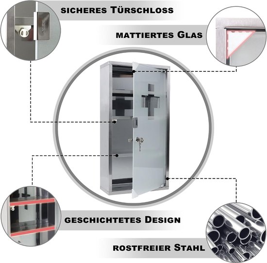 Medicijnkastje, apothekerskast van roestvrij staal, medicijnkastje met 4 vakken, medicijnkastje, hangend medicijnenopslag, 30 x 12 x 57,5 cm — afbeelding 3
