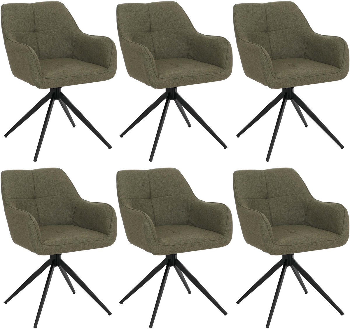 Set van 6 eetkamerstoelen MCW-O47, keukenstoel met armleuningen, draaibaar met Auto-Return, stof/textiel (270 g/m²) ~ groen