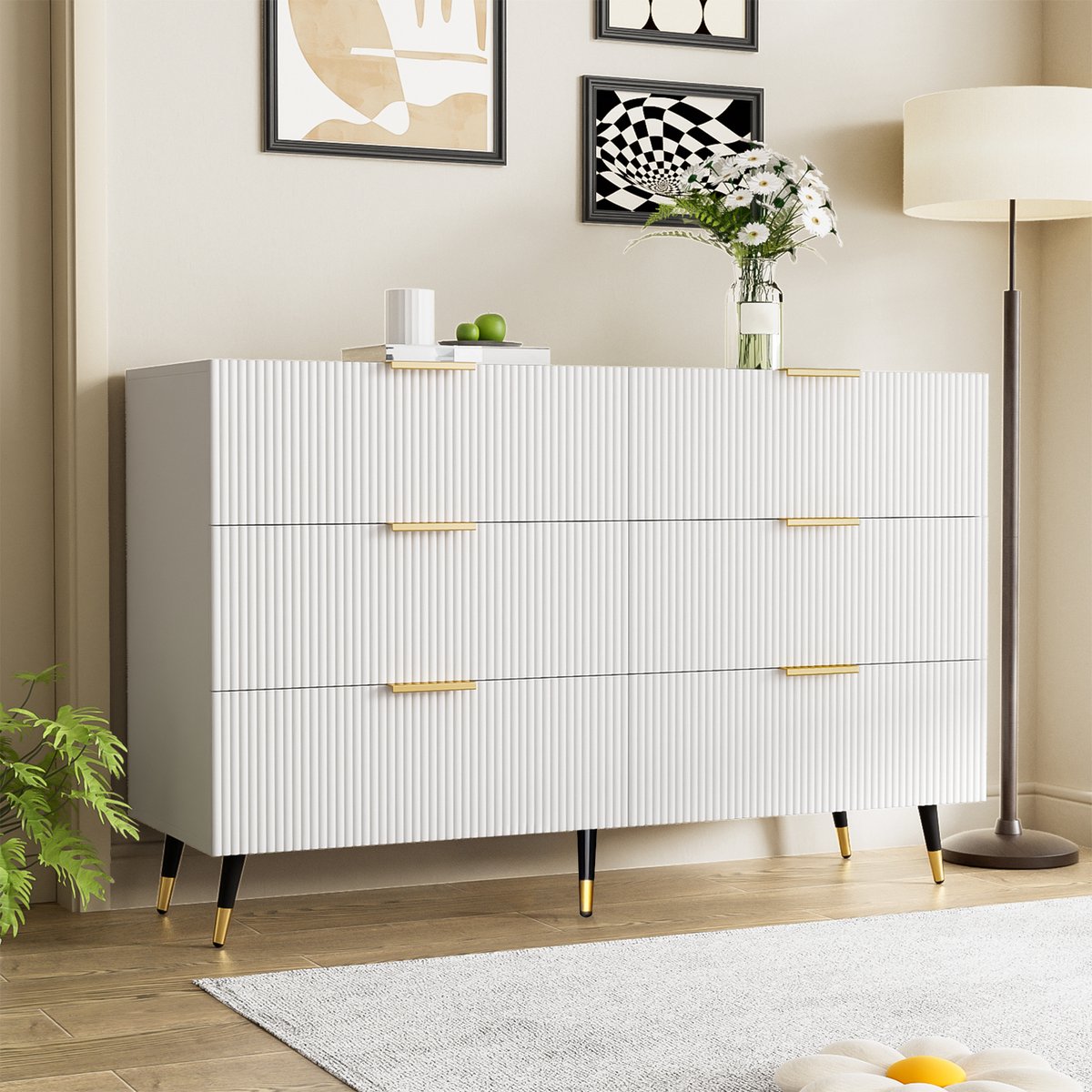 Elegante Kast 120x40x77 cm – 6 Laden – Modern Golftextuur Design – Wit & Goud – Veel Opbergruimte – Voor Woonkamer, Eetkamer & Slaapkamer