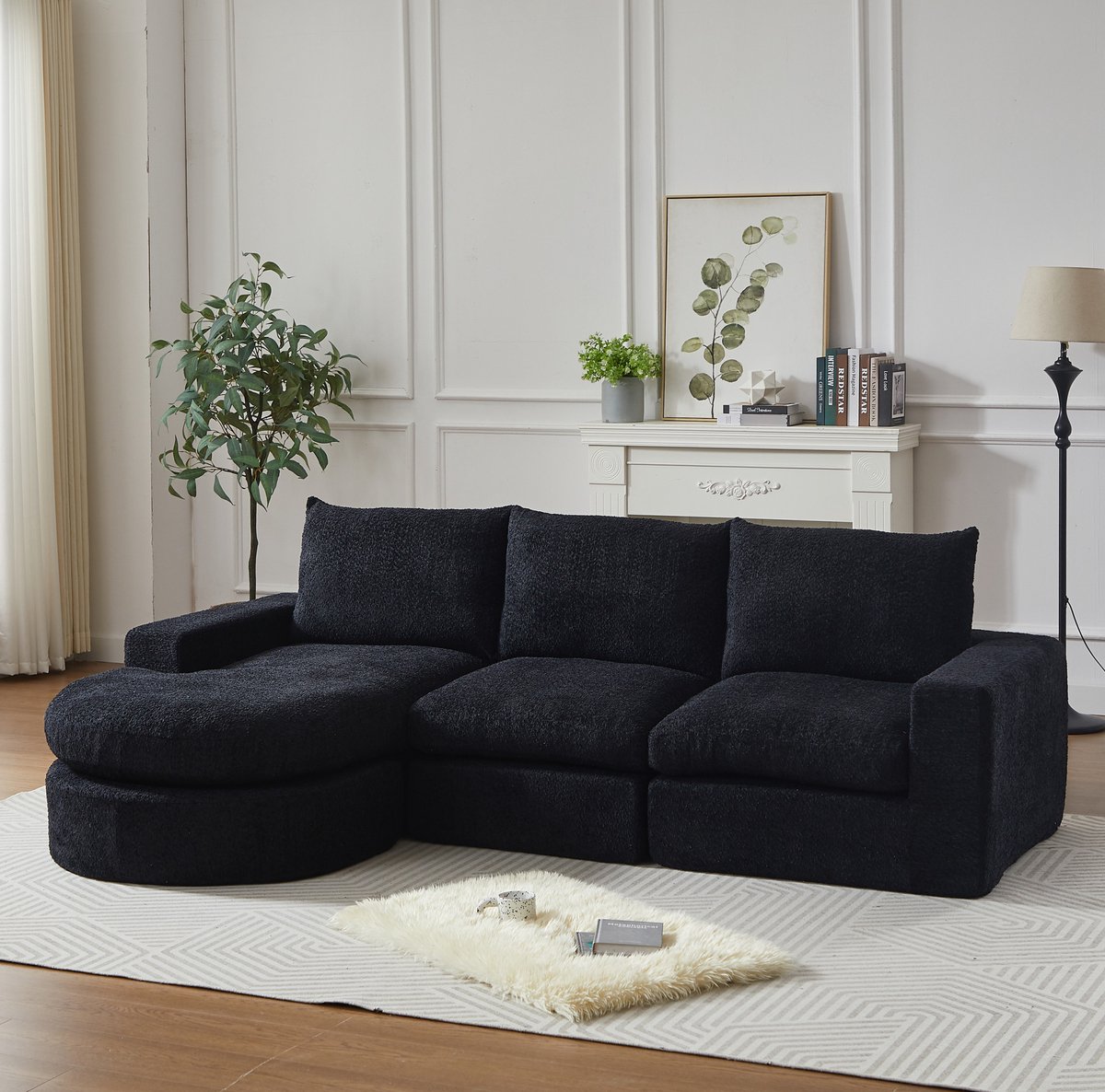 DESMIU Hoekbank - 3-Zits - L-vormig Modulair Ontwerp Met Verwisselbare Longchair - Voor De Woonkamer - Chenille Zwart
