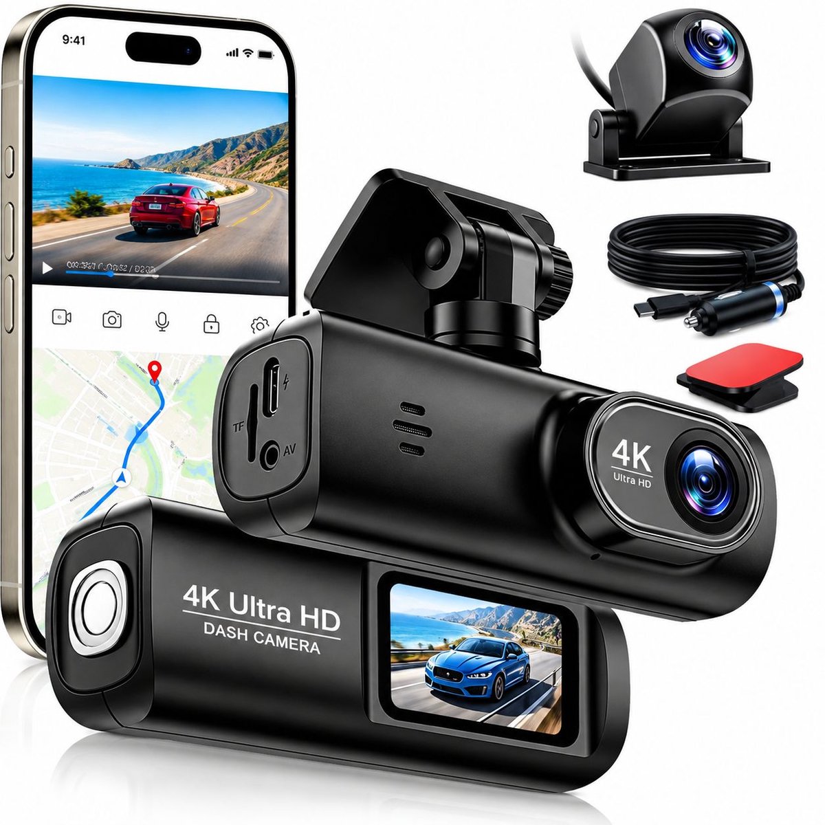 VHV - Dashcam voor auto voor en achter – 4K+1080P, WiFi, HDR nachtzicht -24-uurs bewaking– Dashcam voor auto full hd gps