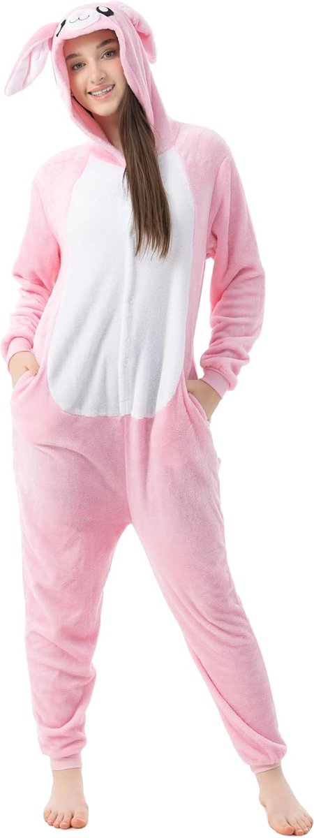 Konijnenkostuum onesie/jumpsuit eendelig body voor volwassenen dames heren als pyjama of pyjama unisex - veel verschillende dieren