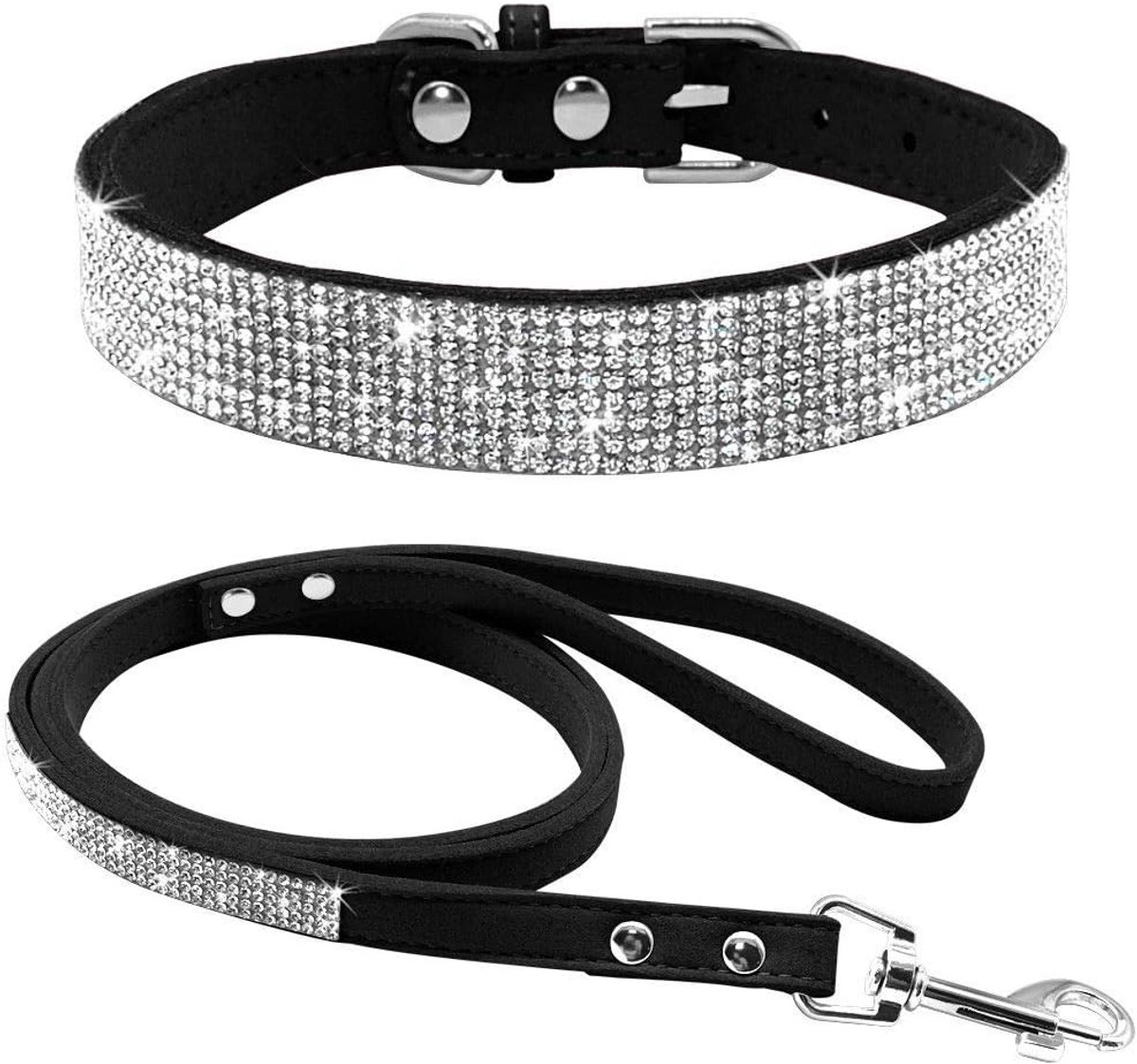 Oogverblindend, sprankelend, elegant, chique, zacht suède, bling strass kristal, juwelen huisdier/kat/hond/puppy halsband, hondenriem, combo set (S, zwart)