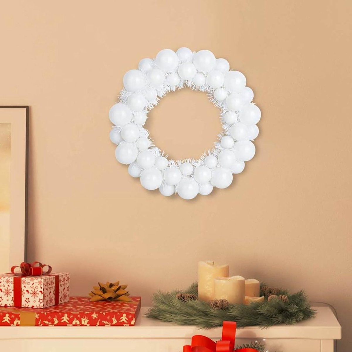 Kerstbalkransen, 2 stuks, wit, 33 x 33 x 7 cm, polystyreen, kerstballenset, kunststof ballen voor kerstboom, raam, adventskrans, tuinfeest, winterdecoratie, 42019680