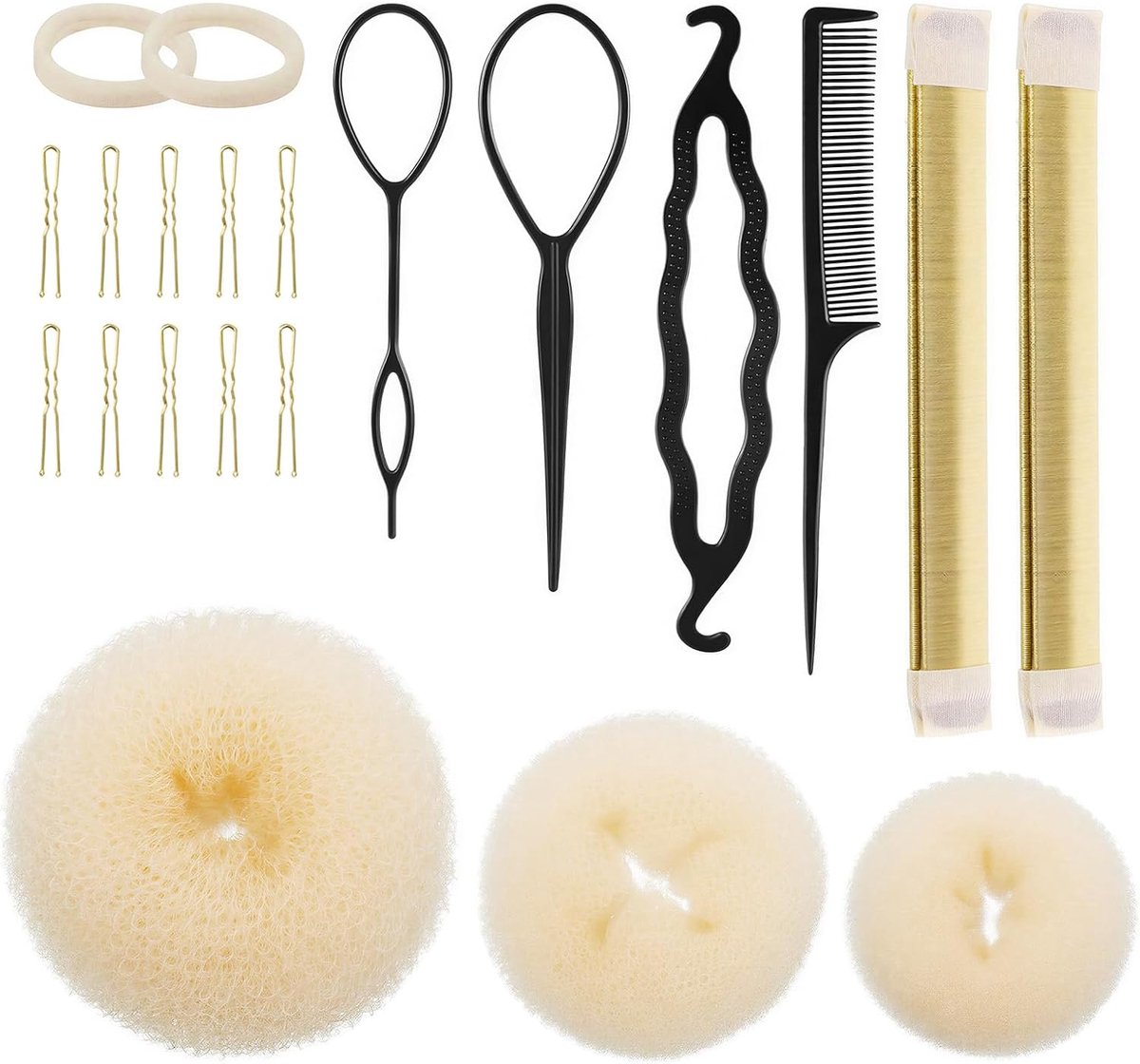 Set van 21 donuts voor knotjes, complete knotset met accessoires, donuts, donutknot, knotjes voor knot en elegante kapsels, comfortabele en veilige grip, praktisch