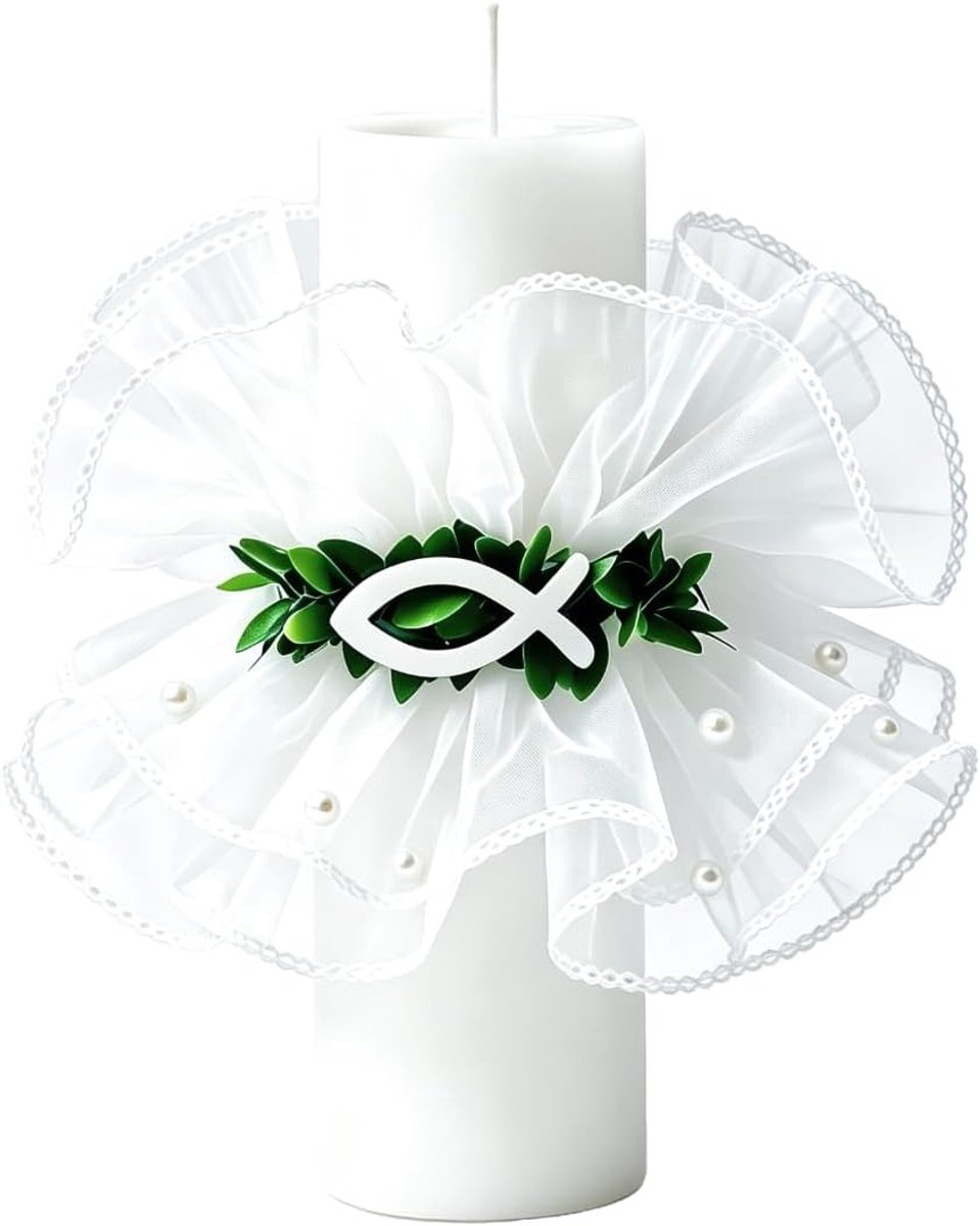 1 stuk druppelbescherming doopkaars, druppelbescherming, communiekaars, witte kaarsrok met strik, kransen, druppelvanger voor kaarsen van 4-6 cm, decoratie voor doop, communie, bruiloft