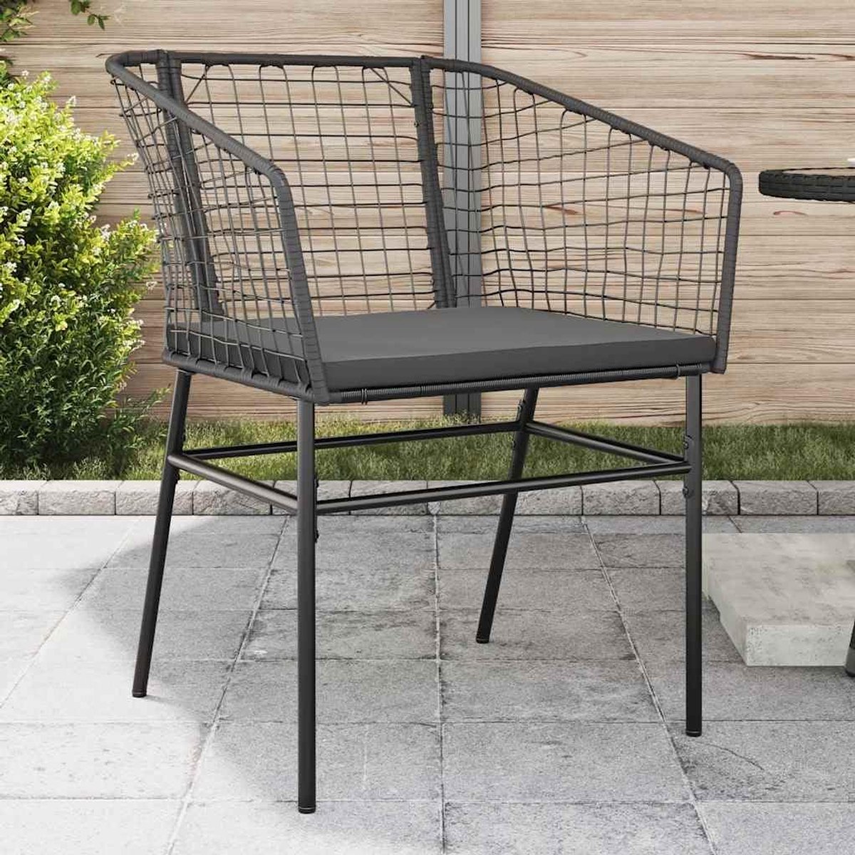 Set van 2 tuinstoelen met kussens, zwart polyrotan met gevoerde zitting en armleuningen, gepoedercoat stalen frame, robuuste terrasstoelen tot 110 kg