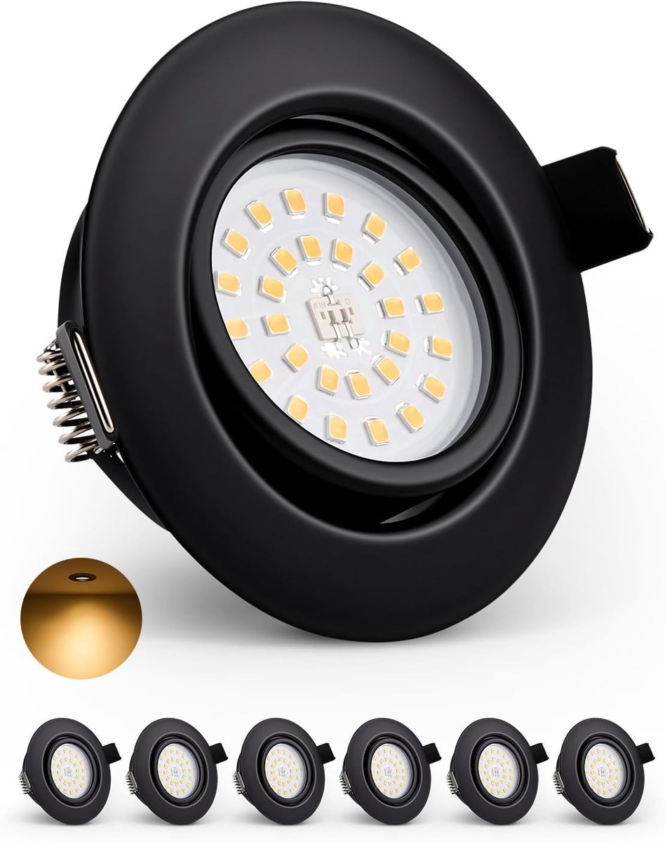 Led-inbouwspot, zwart, dimbaar, energie-efficiëntieklasse D, 230 V, warmwit, gat 68 mm - 80 mm, 5,5 W, 650 lm, plafondspots voor keuken, woonkamer, slaapkamer, badkamer, 6 stuks