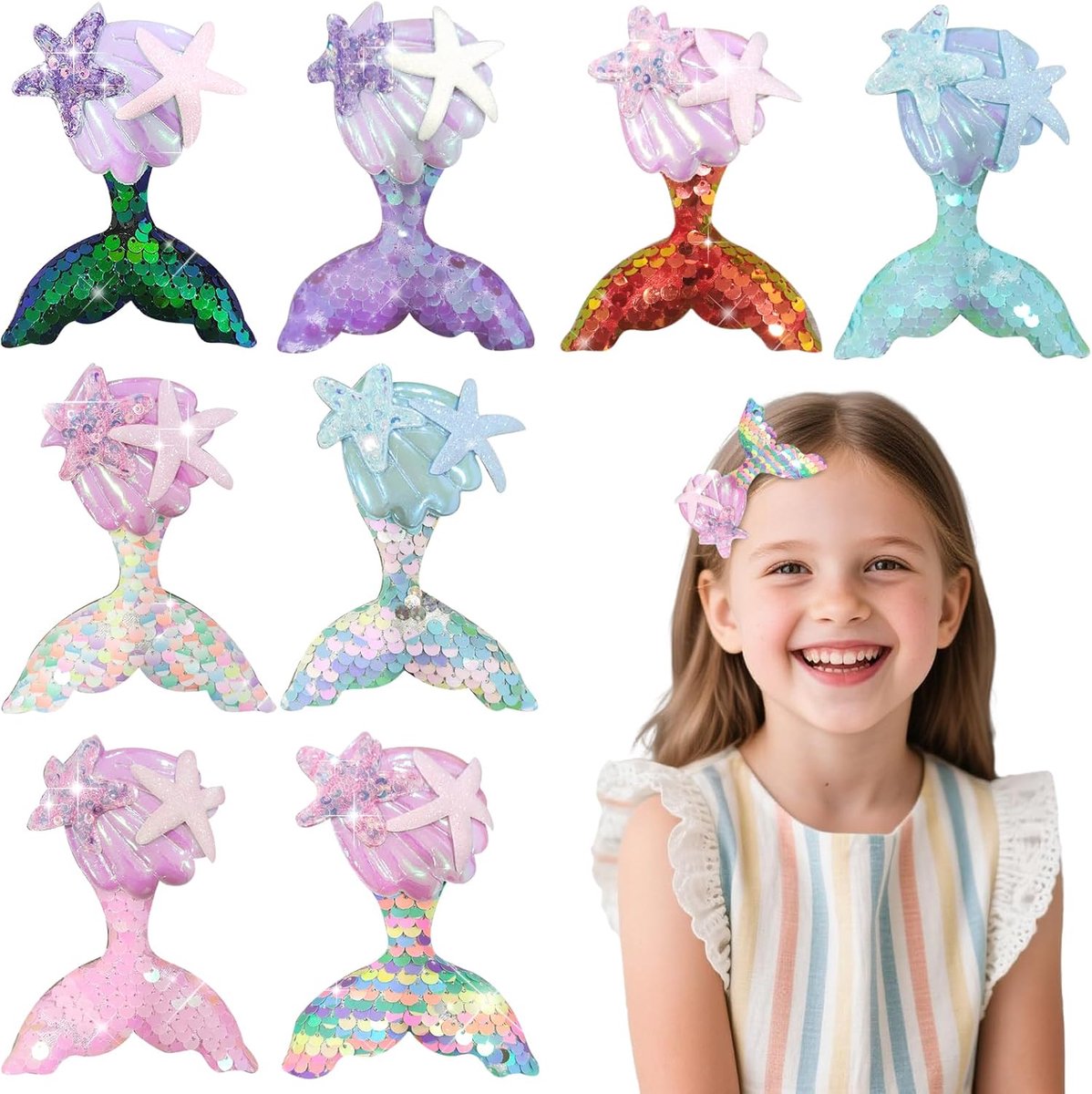 Haarspelden voor meisjes, schattige zeemeermin-haarspeld, glitter, pailletten, haarspelden met zeester, fonkelend, kinderen, haaraccessoires voor vrouwen, dames, tieners, peuters