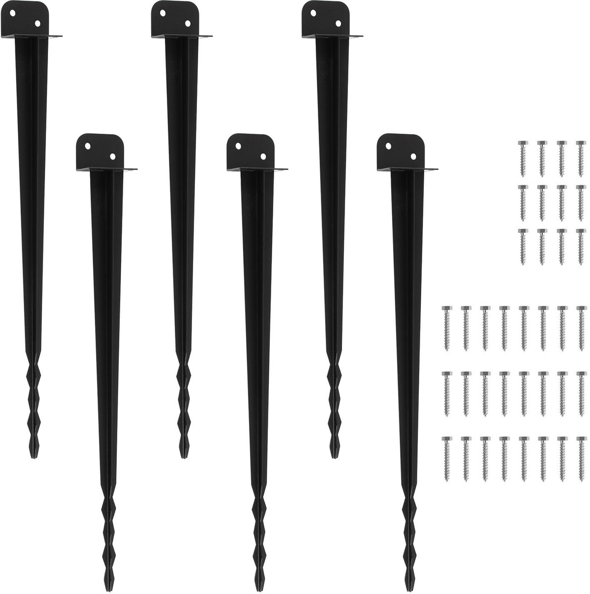 Set van 6 L-vormige bodemhulzen 70 cm met getand uiteinde, eenvoudig in te slaan, grondankers en paaldragers voor houten en metalen palen, staal