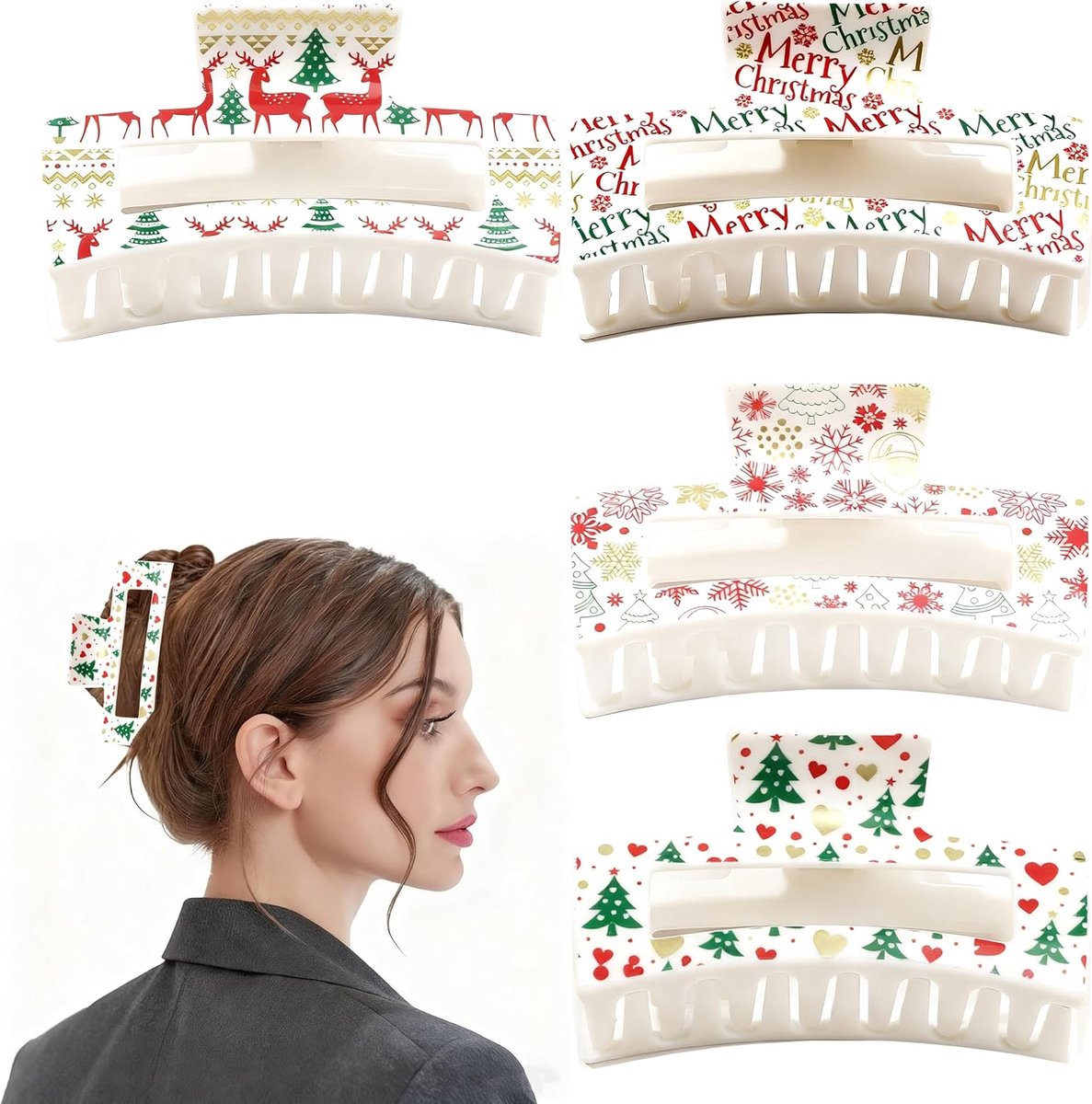 Haarclip kerst set van 4 stuks – kerstboom rendier sneeuwvlok motief – rood en groen – kerstaccessoires dames meisjes cadeau feest kapsel haarspeldjes