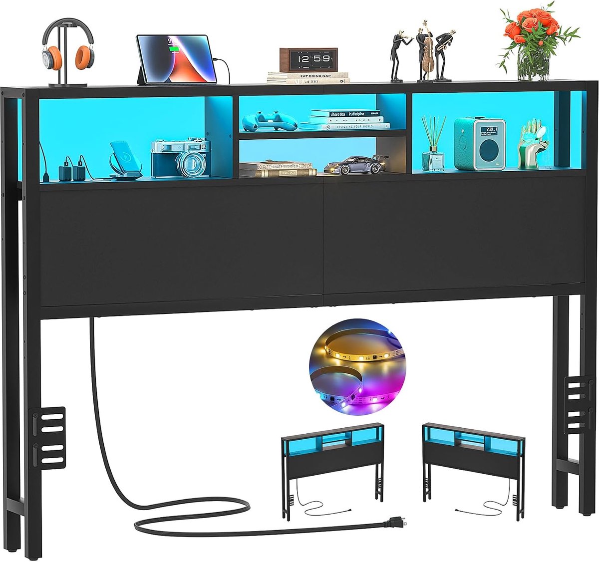 ISunirm Bedhoofdeinde met opbergvakken, 155 cm, met stopcontacten, USB- en USB-C-poorten, ledverlichting, in hoogte verstelbaar, omkeerbaar, robuust en stabiel, zwart
