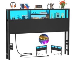 ISunirm Bedhoofdeinde met opbergvakken, 155 cm, met stopcontacten, USB- en USB-C-poorten, ledverlichting, in hoogte verstelbaar, omkeerbaar, robuust en stabiel, zwart