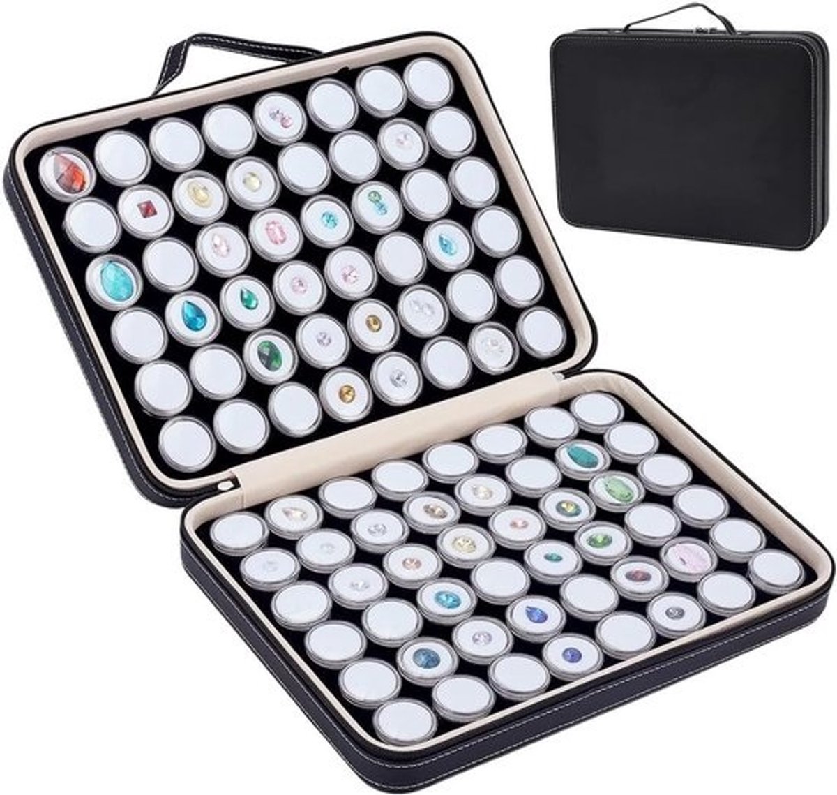 SnelShoppen - 96 Sieraden Dozen voor Edelstenen - Elegante Ronde Dozen van Wit Faux Leer - Ideaal voor Diamanten en Kristal Collectie - Ruimte voor Lo