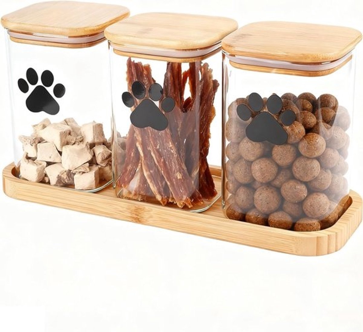 3 Glazen Voedselcontainers voor Honden en Katten met Onderlegger, Luchtdichte Opbergdozen voor Dierenvoer