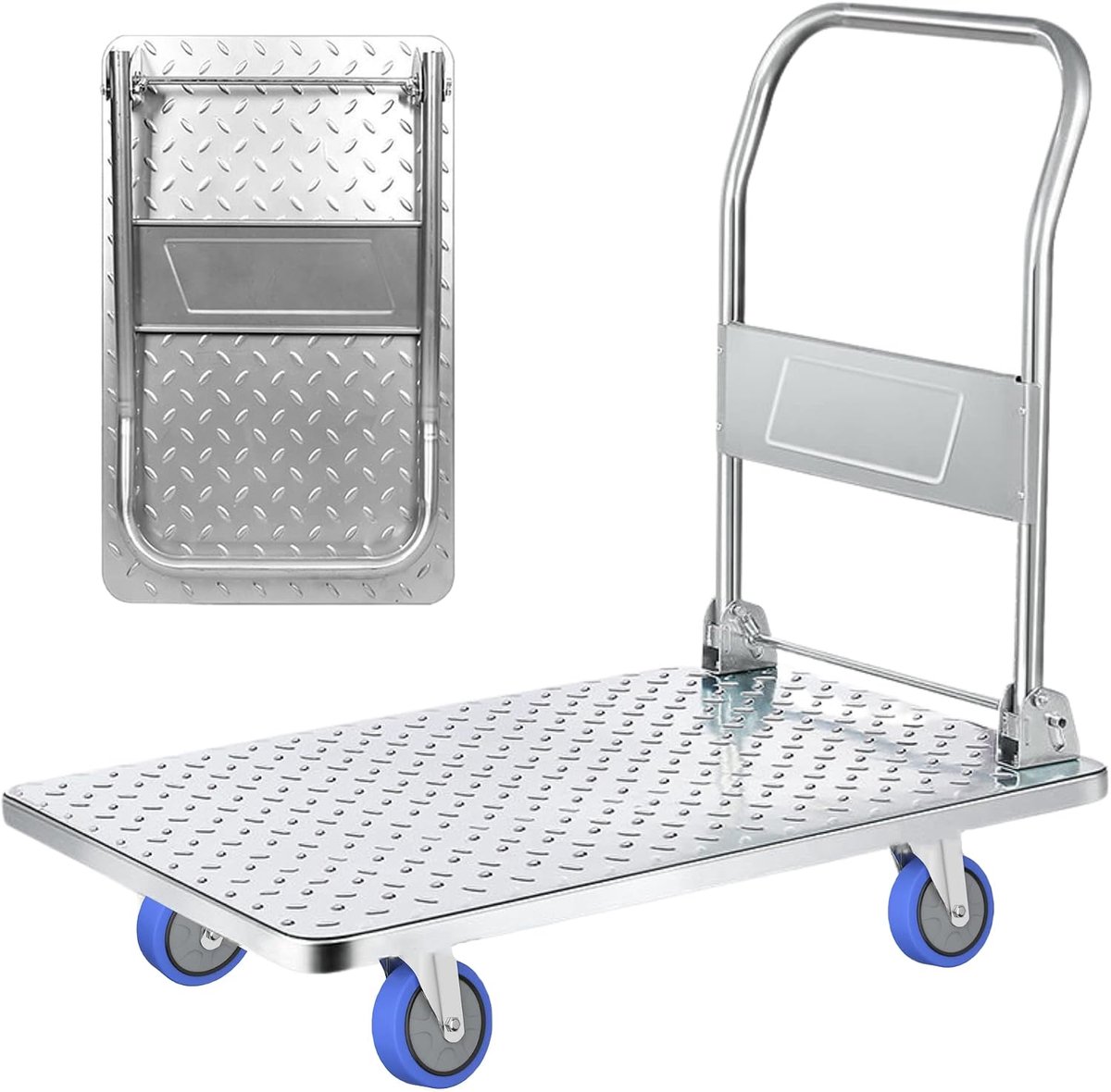 Platformwagen met wielen. Opvouwbare kruiwagen van 250 kg. Handplatformkar, antibotsingstransport voor verhuizingen, magazijn. Titaanstaal.
