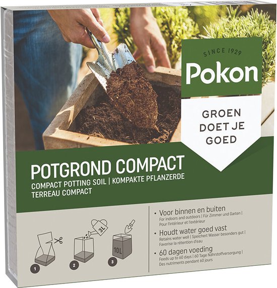 Pokon Potgrond Compact met tekst 'Groen doet je goed'. Voor binnen en buiten, houdt water goed vast, 60 dagen voeding.