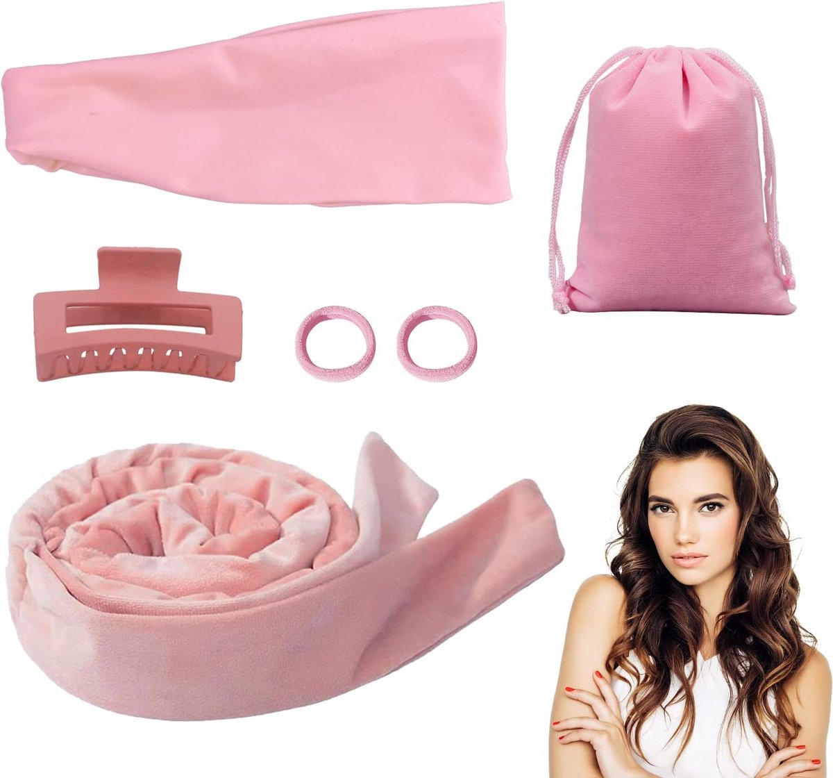 1 krulband, 1 haarspeld, 2 haartouwen, 1 hoofdband, 1 opbergtas, krultang zonder hitte, krultangset (roze)