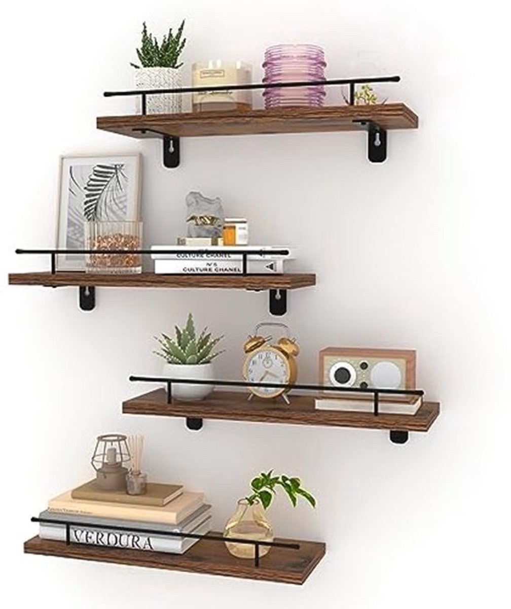 Wandplank Set van 4 - Hout en Metaal Planken voor Wandbevestiging
