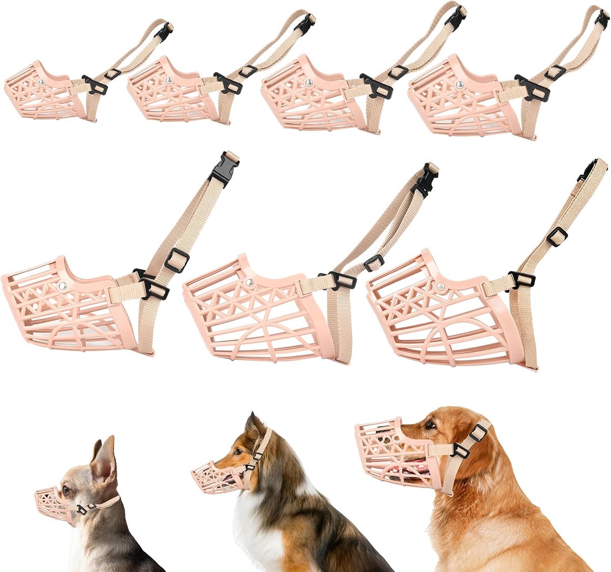 7 stks/set Plastic Hond Muilkorf, Anti Bite Verstelbare Pet Mand Maskers, Honden Training Mond Cover Mesh Kooi, Ademend Comfortabel