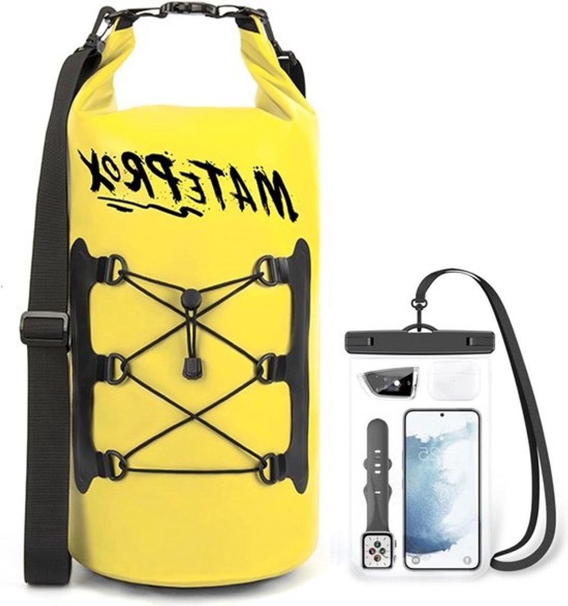 Waterdichte dry bag van 20L met verstelbare strap - Voor kajakken, wandelen en kamperen - Inclusief telefoon waterproof bag, geel