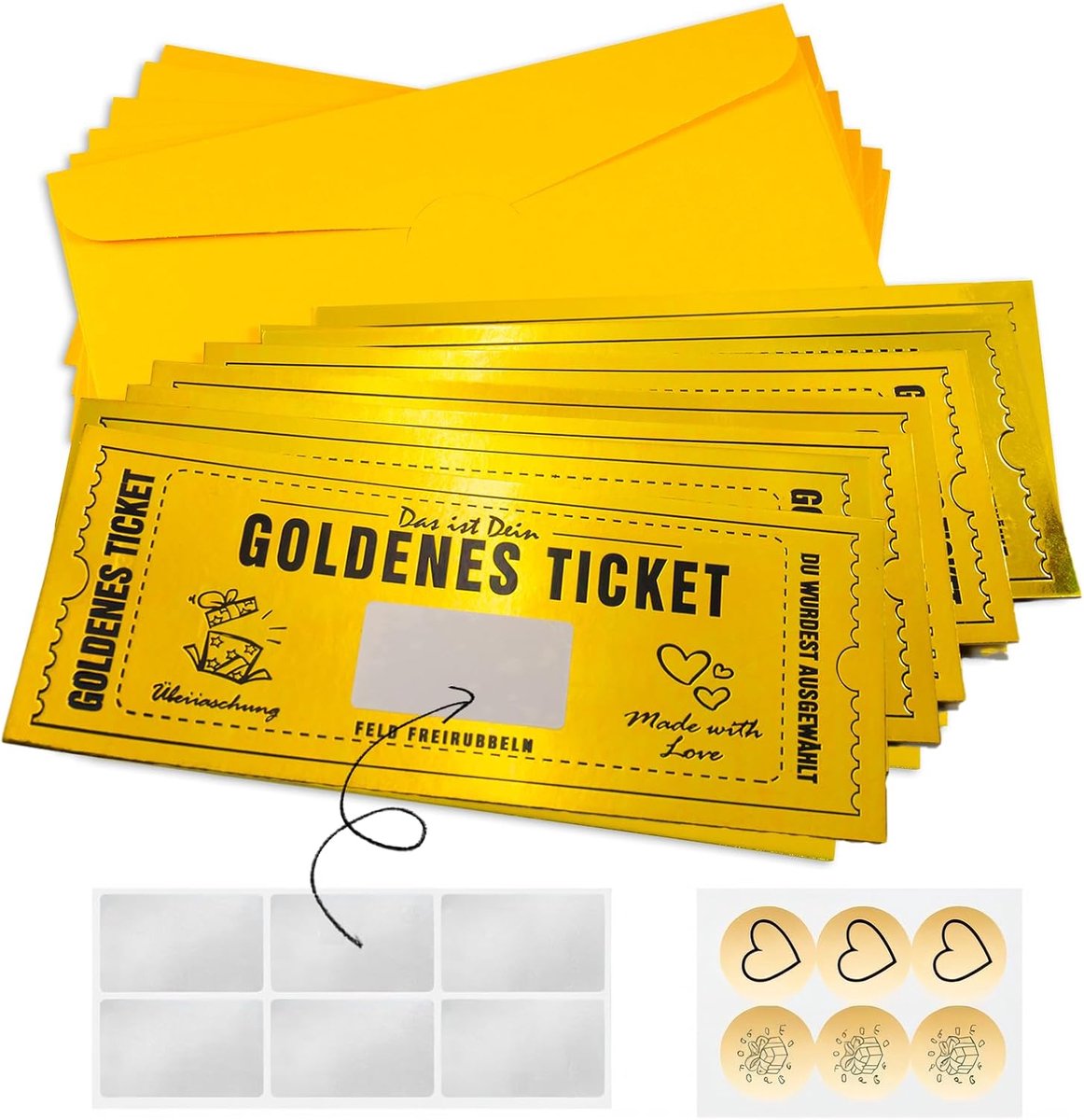 6-delige Set Gouden Ticket Cadeaubon om Zelf in te Vullen - Krasloten met Krasstickers en Enveloppen voor Bioscoop, Reis, Verjaardag