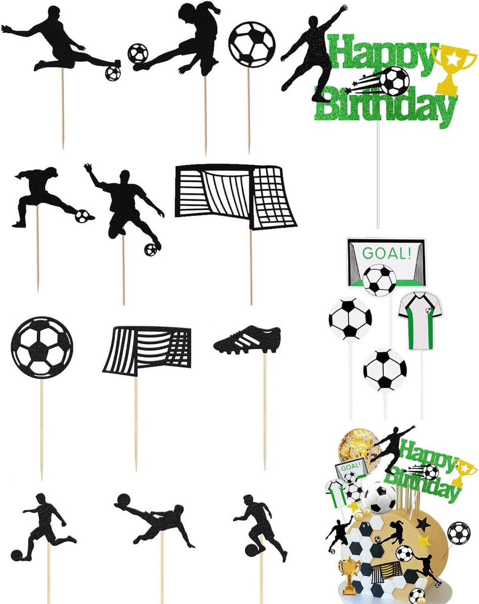 Taartdecoratie, 18 stuks taarttoppers voetbal, voor verjaardag kinderen, jongen thema, voetbal verjaardagstaart figuren - L