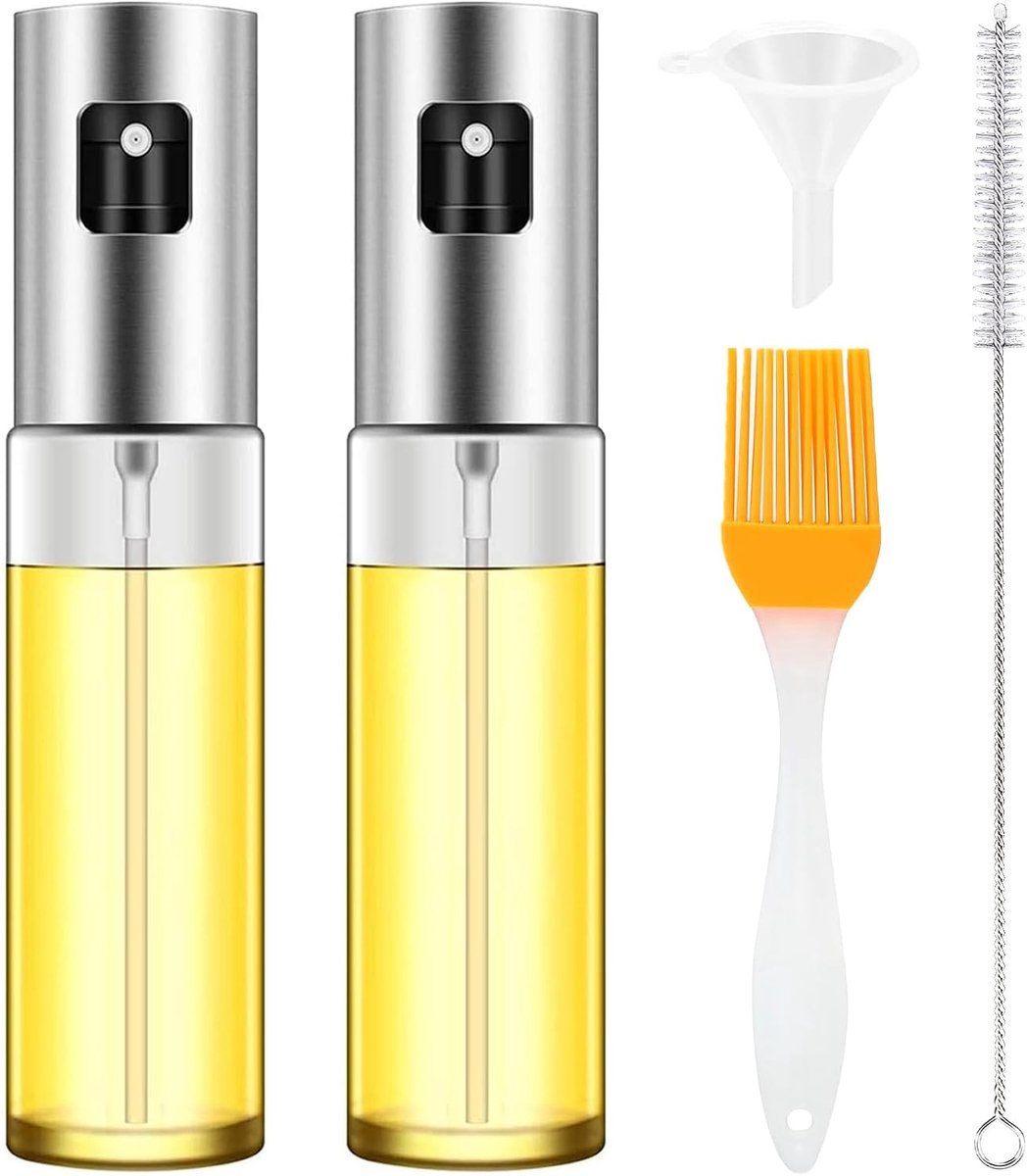Set van 2 Olie Spuitflessen 100ml, Flessen met Borstel en Trechter, voor Gelijkmatige Olieverdeling bij Grillen en Koken, Ideaal voor Bakken, Airfryer, Wokken