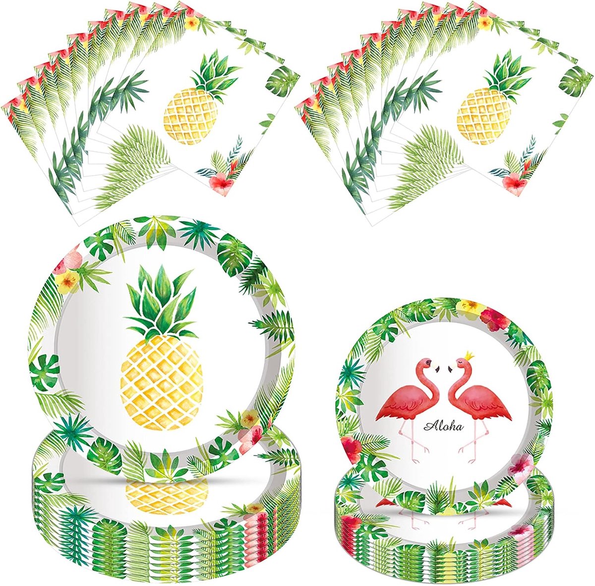 36 stuks feestservieset, flamingopapieren borden en servetten, serviesgoed feestbenodigdheden, Luau Hawaiiaans thema diner dessert herbruikbare borden voor bruiloft babydouche kinderen meisjes verjaardagsfeestje decoraties