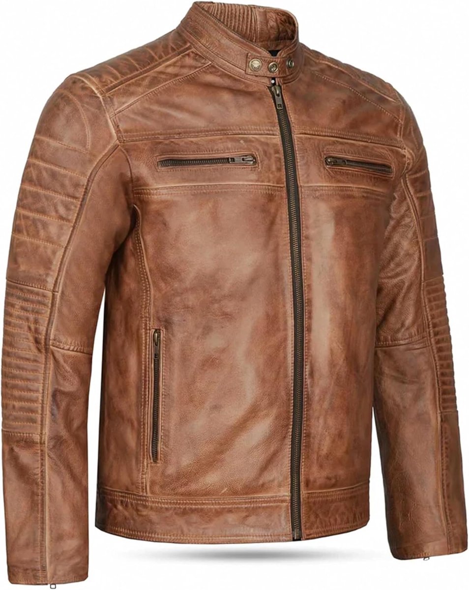 Heren bikerjack van echt leer, used look, lichtbruin