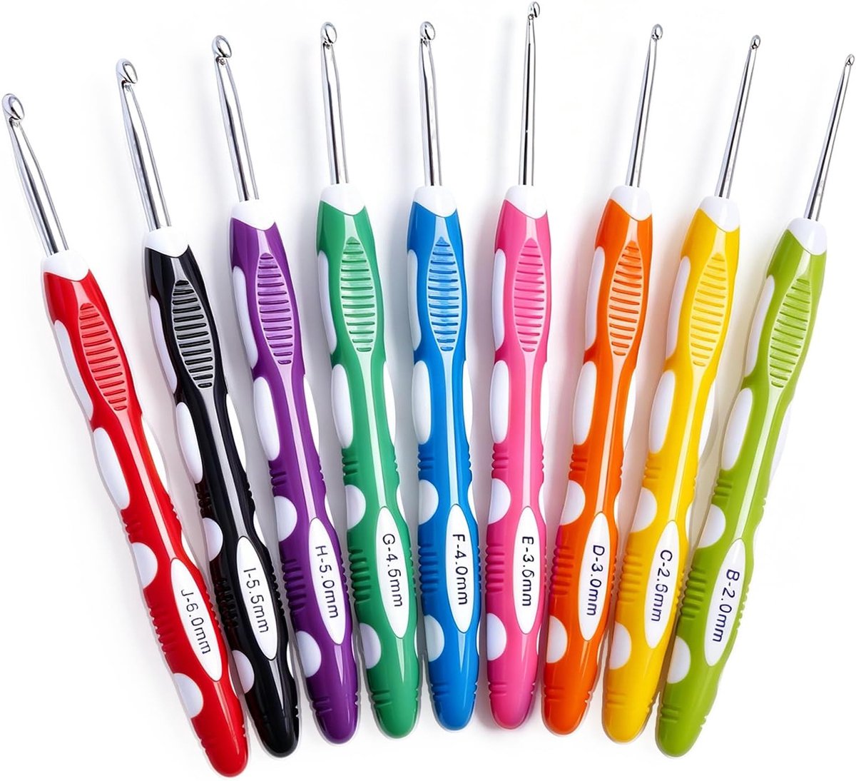 Haaknaaldenset, 9 stuks, haaknaalden 2,0 mm - 6,0 mm, roestvrijstalen haaknaalden met ergonomische kleurrijke siliconen handgreep, 16 cm haaknaald voor beginners en haakliefhebbers, geschikt voor