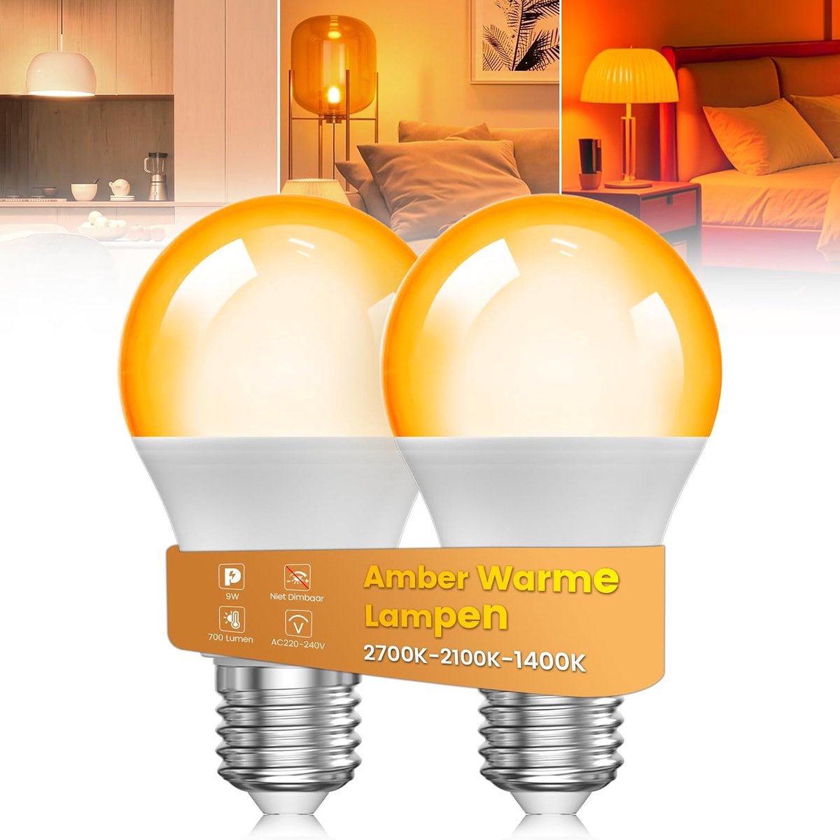 E27 LED Gloeilamp Warm Licht, Warm Wit 2700K/Amber Warm 2100K/Ultra Amber Warm 1400K, 9W (60W Equivalent), Niet Dimbaar, Blauwlicht blokkering Amberlamp, 2 Stuks