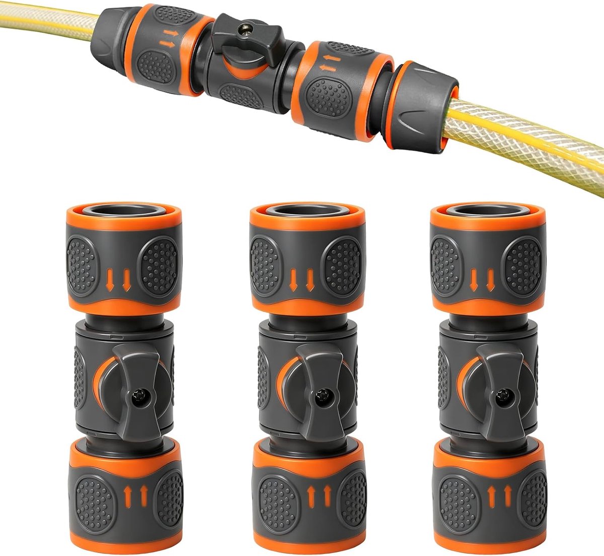Koppeling met regelventiel, 3 stuks, 1/2 inch en 3/4 inch tuinslang, snelkoppeling, slangkoppeling van ABS + TPR voor regeling en onderbreking van de waterstroom
