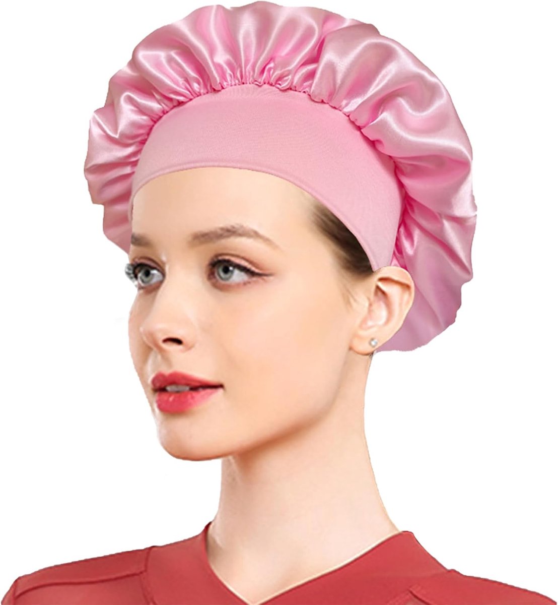 Slaapmuts, bonnet, nachtslaapmuts, met elastische band voor lang, krullend haar, zachte antislip satijnen haarkap voor 's nachts, zwart, roze, 1 stuk