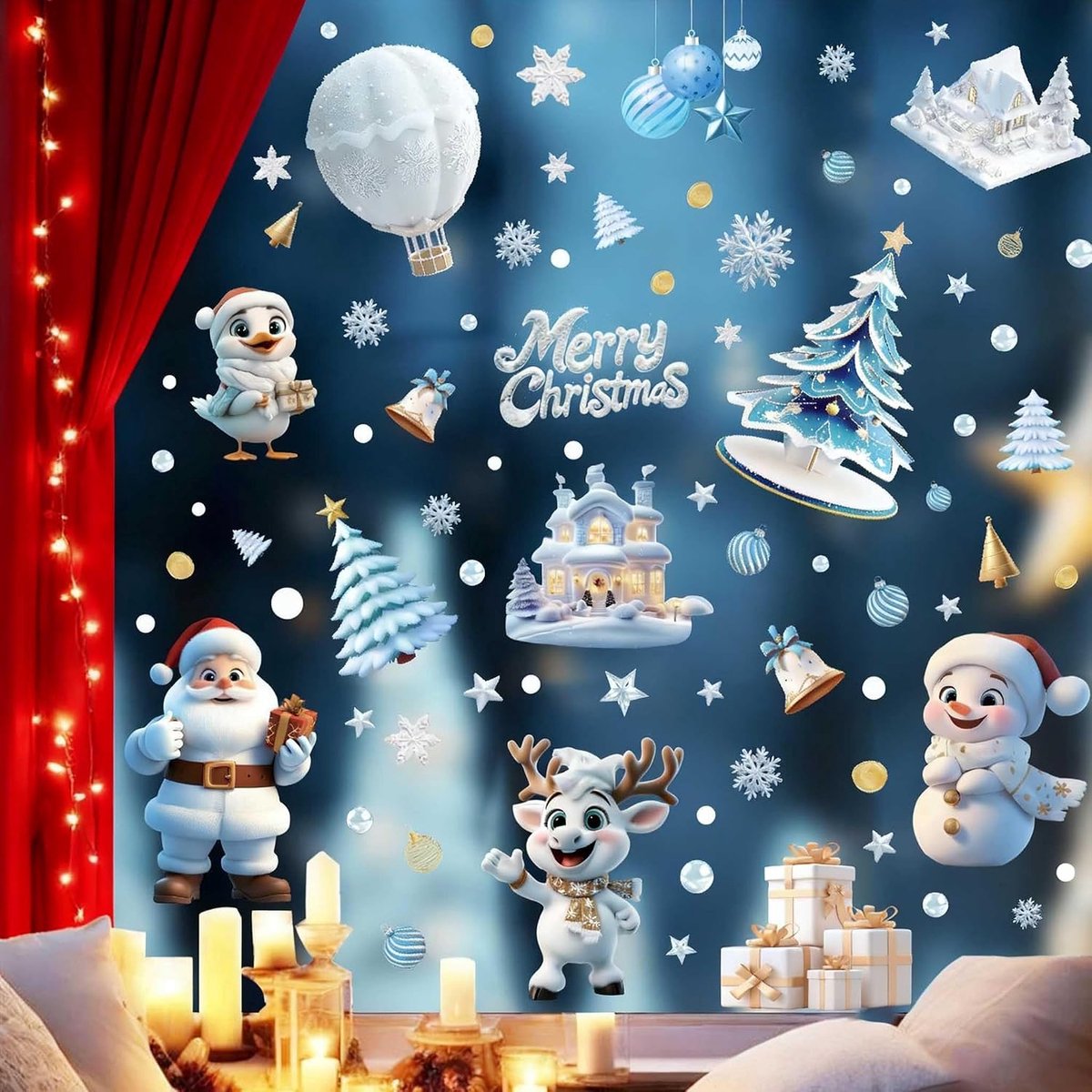 Raamstickers, kerststickers voor ramen, huis, etalage, glas, decoratie, raamafbeelding, Kerstmis, kinderen, groot, herbruikbaar, afneembaar, wit, kerstboom, kerstman, 9 stuks