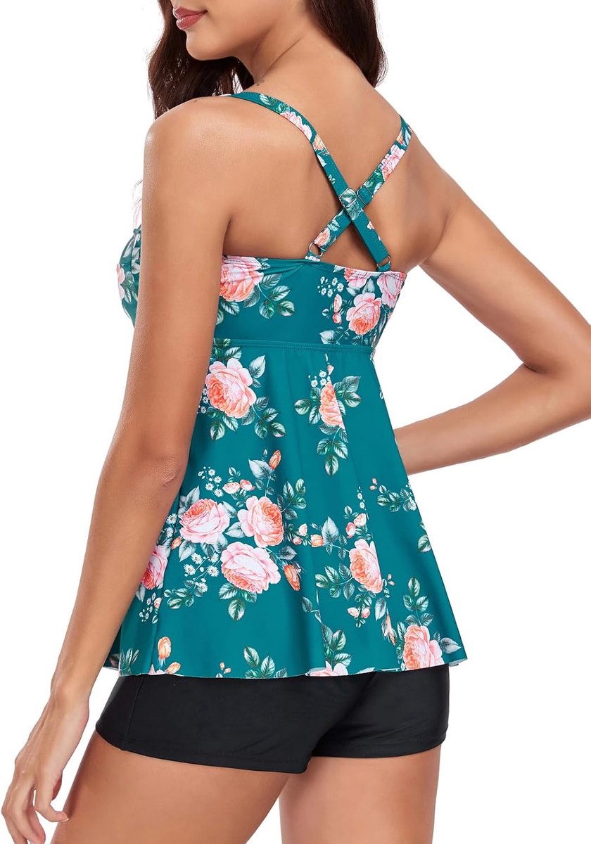 Sets voor dames, 2 stuks, twist front tankini-top met boyshort, buikcontrole, badmode, bloemenbadpak