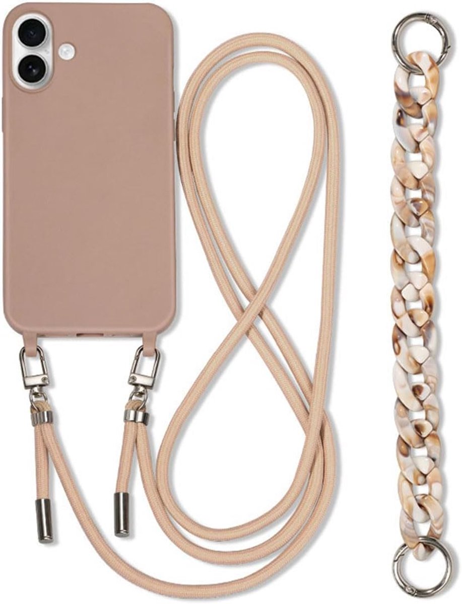 IPhone 16 Hoesje met Armband, Halsketting Telefoonhoesje iPhone 16 Case met Band Beschermhoesje om te Hangen Koord Verstelbare Nylon Halsketting Siliconen Case Cover-Melkthee