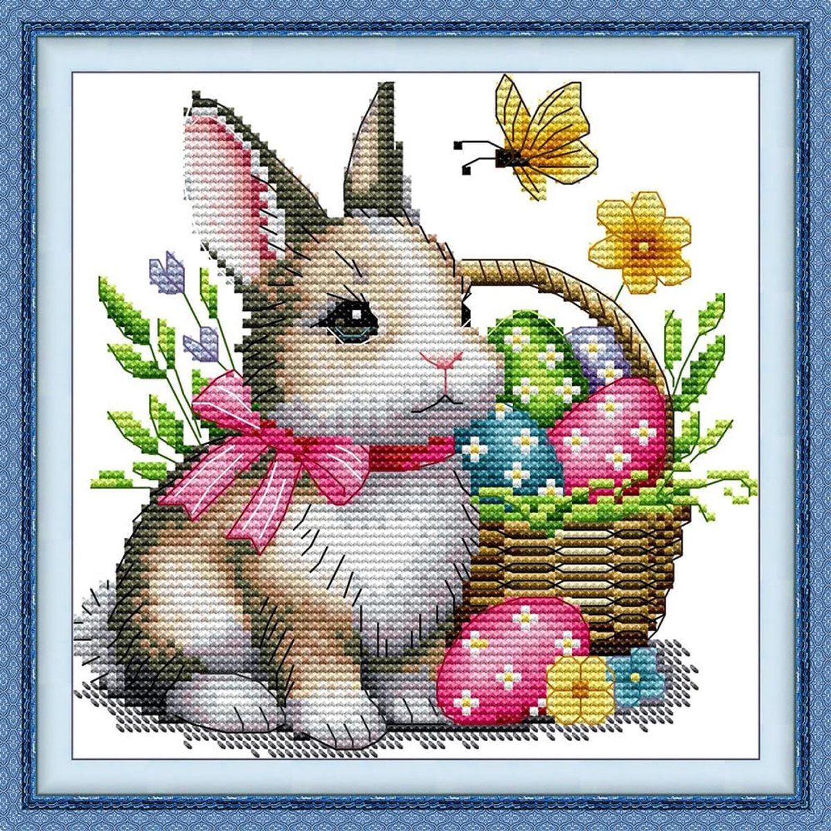 14ct gestempeld kruissteek kits voor volwassenen beginners, paasei konijn DIY voorbedrukte kruissteek borduurset met accessoires muur decor 19x19cm (Bunny)