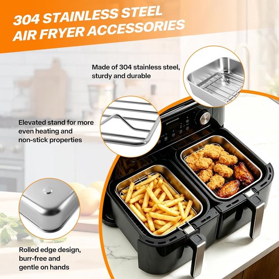 304 roestvrijstalen airfryer-inlegbakken (20 x 15 x 8 cm), set van 15 stuks airfryer-accessoires voor Ninja Double Zone AF400/451/300EU met dubbele mand, vaatwasmachinebestendige — afbeelding 3
