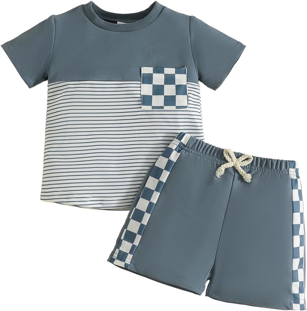 Kinderkleding voor jongens, geborduurd T-shirt met vrachtwagen- en graafmachine, gestreepte shorts, zomeroutfit