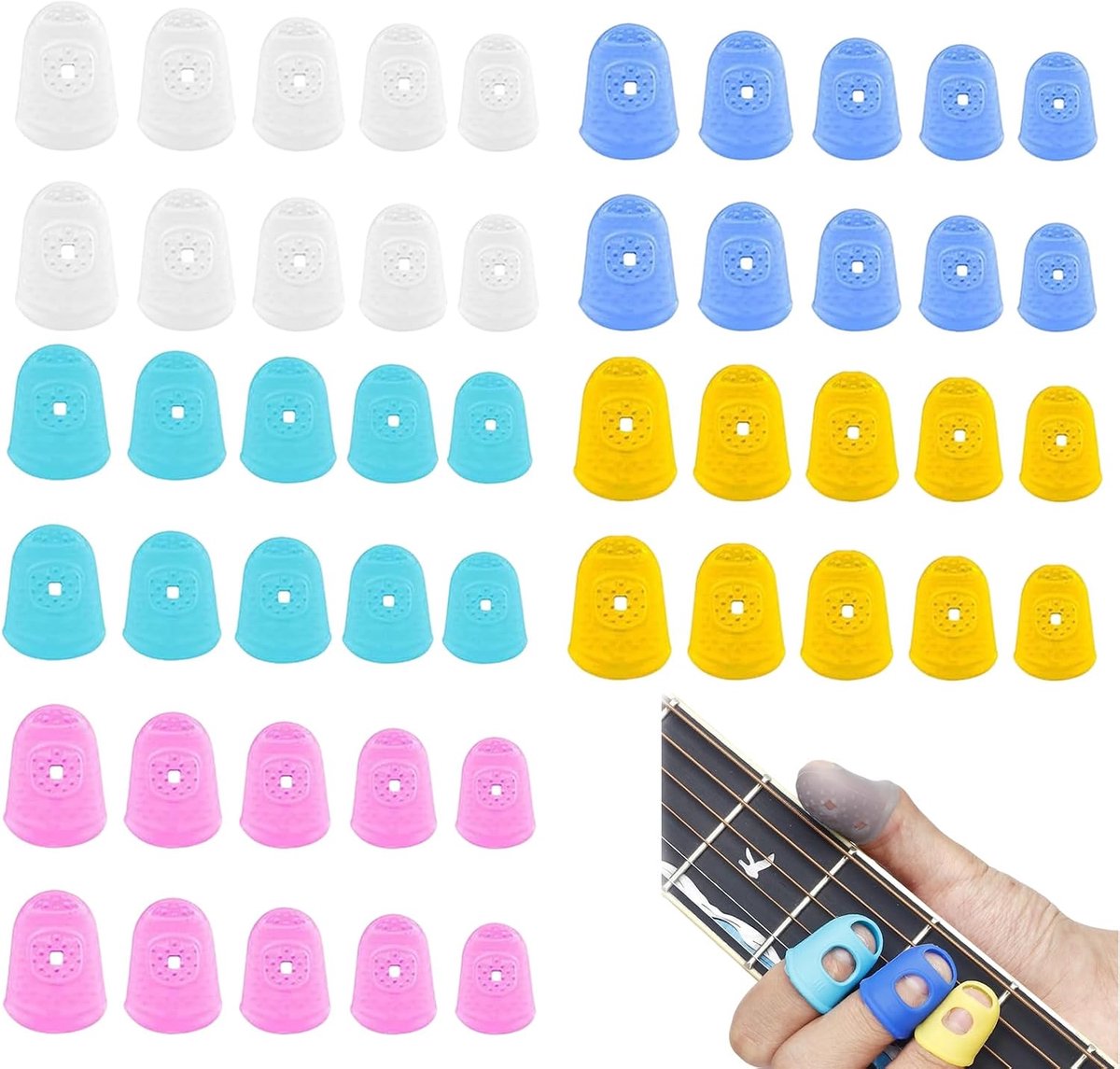Gitaarvingerbescherming - 50 Stuks in 5 Kleuren, Ergonomisch Ontwerp voor Gitaarspelers - Zachte, Duurzame Vingertopbeschermers voor Beginners en Ervaren Muzikanten