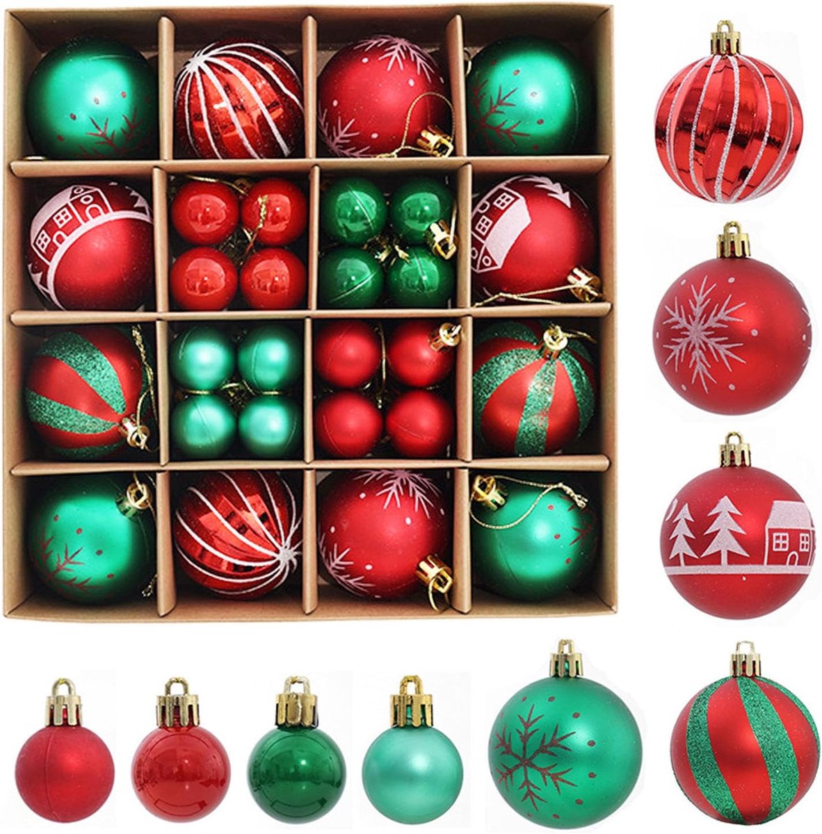 Kerstballen, ornamentenset, kerstboomversiering, voor kerstboom, hangende decoraties, festival, party, feestdag, decoratie (rood en groen)