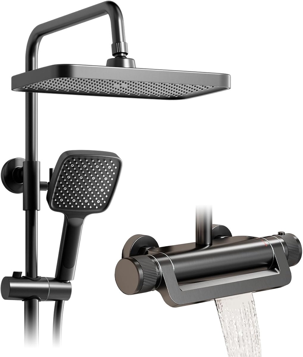 3-in-1 douchekolomset met regendouchekop, 330 x 220 mm, thermostatische douchezuil, grijs, 360 graden verstelbare douchekop