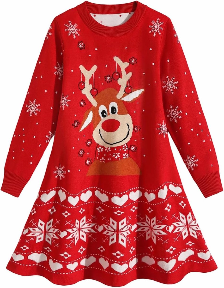 Kerst Jumper Jurk Kinderen Winter Lange Mouwen Gebreide Jurken, Meisjes Leuke Kerstboom Rendier Print Jurk